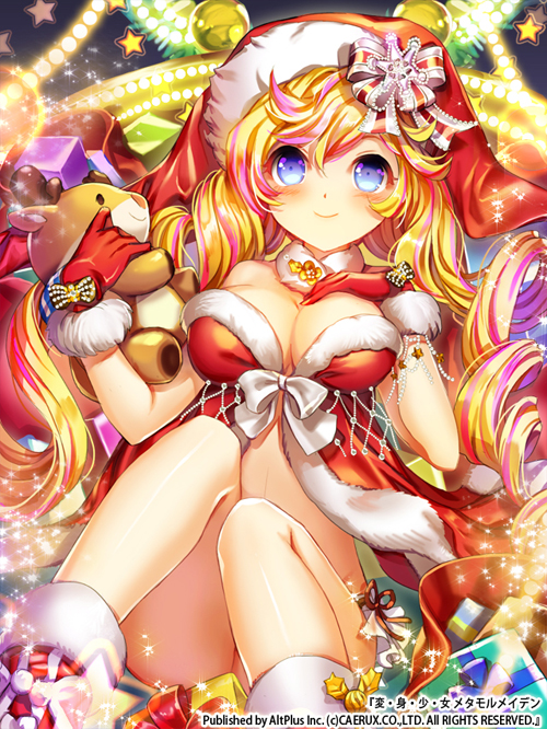 1girl blonde_hair blue_eyes blush boots bottomless bow breasts character_request christmas cleavage esphy fur_trim gift gloves hat hen-shin-shou-jo_metamol_maiden long_hair navel red_gloves sitting smile solo stuffed_toy