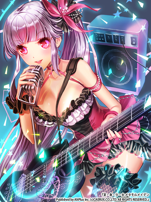 1girl amplifier character_request dress esphy grey_hair guitar hen-shin-shou-jo_metamol_maiden instrument long_hair looking_at_viewer microphone microphone_stand open_mouth pink_eyes ponytail smile solo thigh-highs