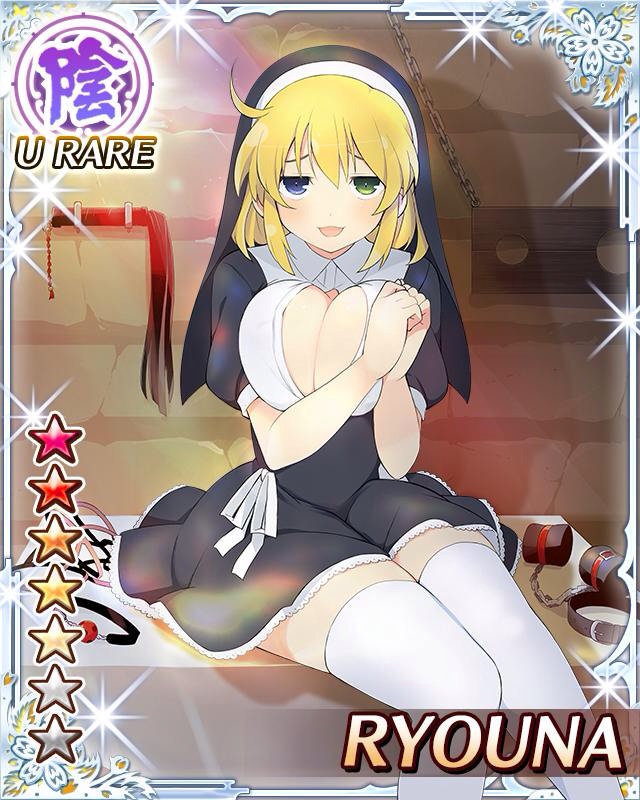 1girl ball_gag bdsm blonde_hair breasts character_name cleavage collar cuffs dungeon gag handcuffs heterochromia large_breasts nun official_art open_clothes open_mouth pillory ryouna_(senran_kagura) senran_kagura senran_kagura_new_wave short_hair sitting sitting_on_object smile solo star thighhighs white_legwear yaegashi_nan