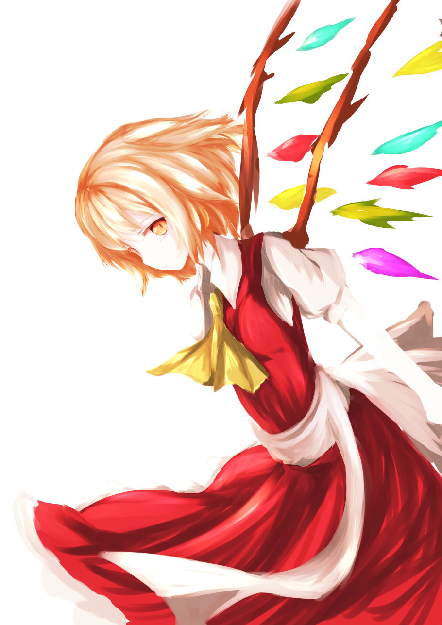 1girl arms_at_sides ascot blonde_hair dress faux_traditional_media flandre_scarlet highres leaning_forward red_dress short_hair slit_pupils solo storia0628 touhou wings yellow_eyes