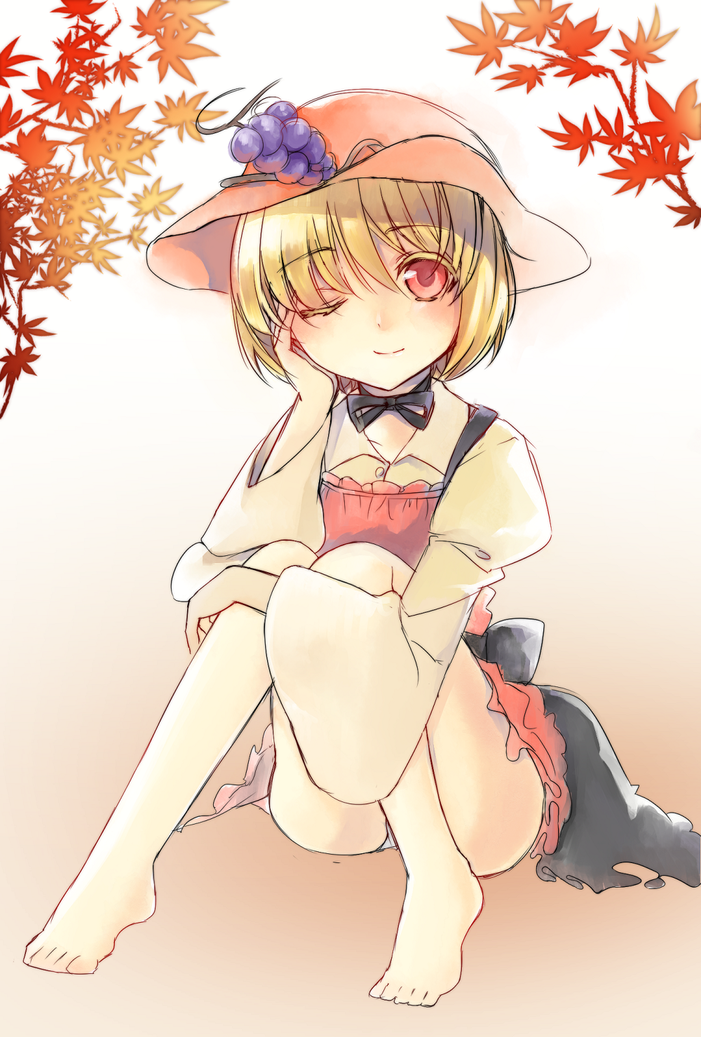 1girl akayan aki_minoriko barefoot blonde_hair colored_eyelashes dress food fruit gradient gradient_background grapes hand_on_knee hand_on_own_face hat highres knees_together_feet_apart leaf light_smile long_sleeves looking_at_viewer panties red_eyes short_hair sitting solo touhou underwear wide_sleeves wince