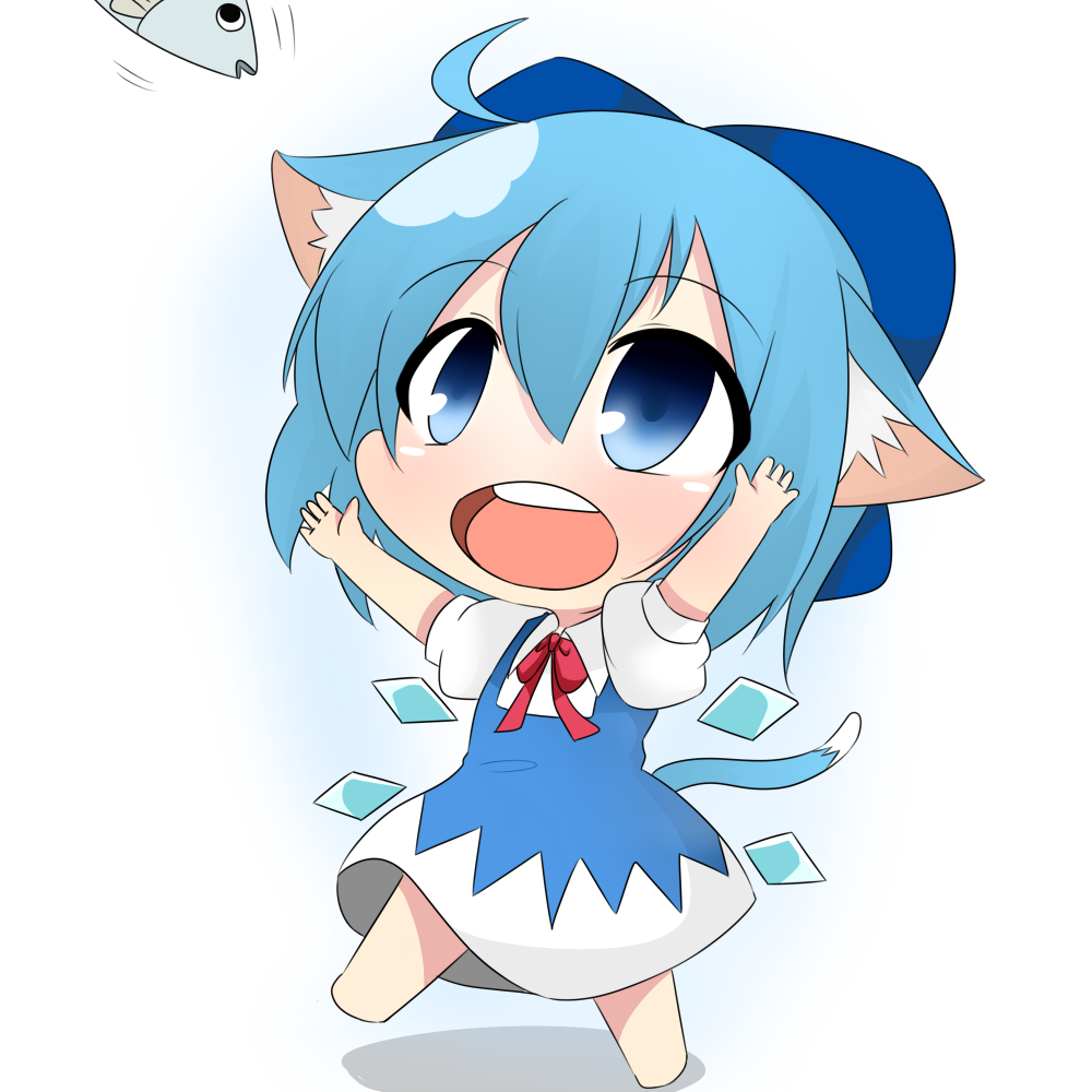 1girl ahoge animal_ears blush cat_ears cat_tail chibi cirno fish hands_up kemonomimi_mode open_mouth solo tail touhou twumi wings