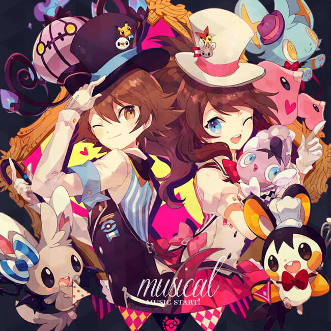 1boy 1girl blue_eyes brown_eyes brown_hair chandelure emolga gothita hat long_hair luvdisc minccino one_eye_closed open_mouth oshawott pikachu pokemon pokemon_(creature) pokemon_(game) pokemon_bw ponytail shinx smile touko_(pokemon) touya_(pokemon) victini welchino wink