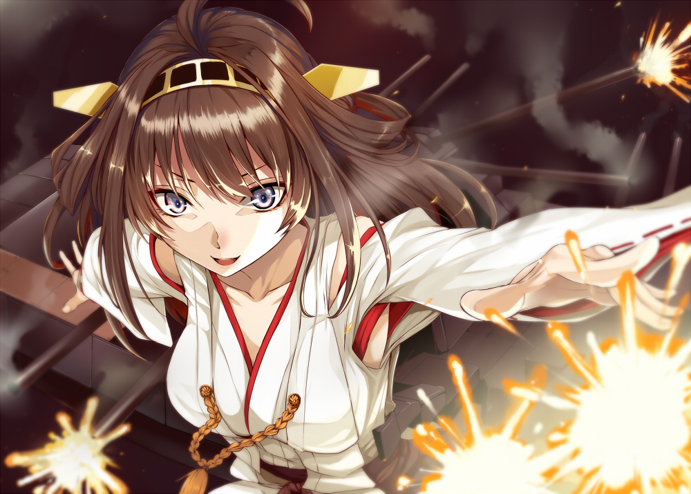 1girl ahoge bare_shoulders brown_hair detached_sleeves hairband headgear japanese_clothes kantai_collection kongou_(kantai_collection) long_hair nontraditional_miko open_mouth outstretched_arms personification simon_(n.s_craft) solo