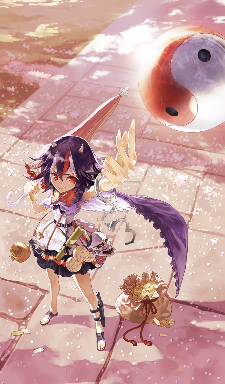 1girl bag black_hair bow camera cape cuffs dress foreshortening gold handcuffs highres horns impossible_spell_card kijin_seija knife mallet multicolored_hair oni_mask outstretched_arm parasol petals red_eyes redhead sack sandals scroll short_hair short_sleeves smile solo streaked_hair tongue tongue_out touhou umbrella white_hair yamamomo2001 yin_yang
