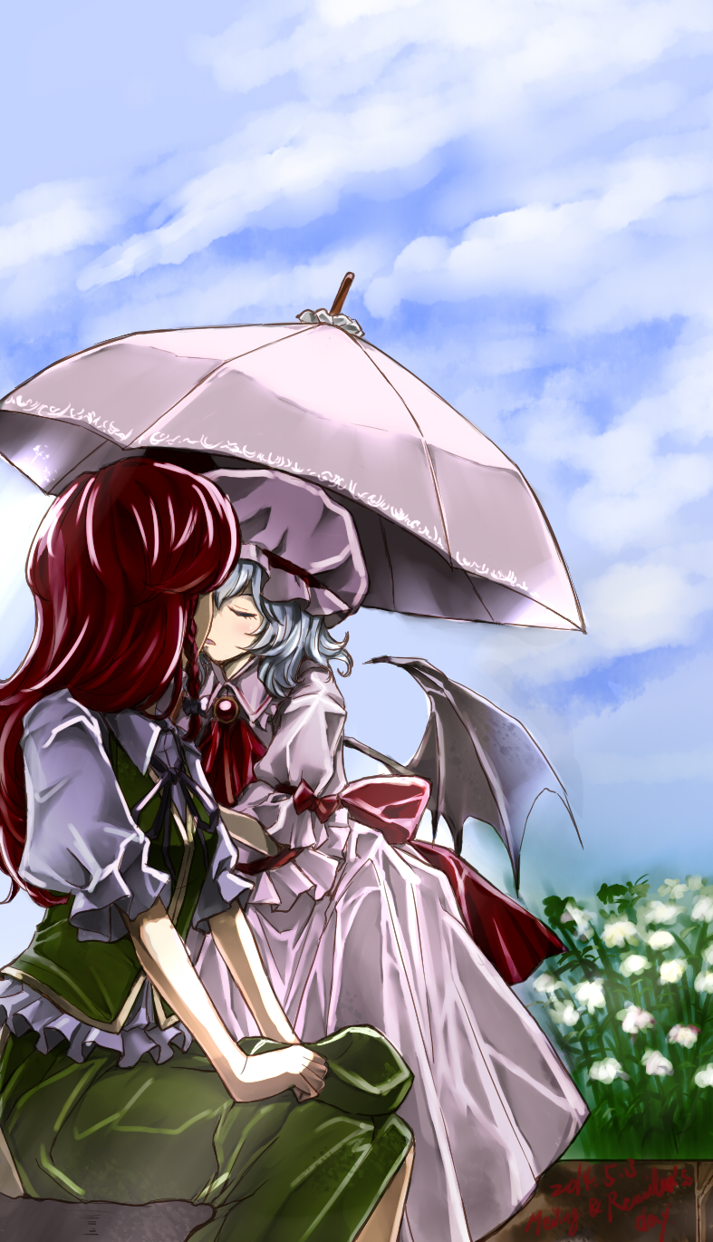 2girls ascot bat_wings blue_hair braid brooch chinese_clothes clenched_hands closed_eyes clouds cloudy_sky dress green_clothes hair_ribbon hands_on_knees hat hat_removed hat_ribbon headwear_removed hibino_nozomu highres hong_meiling incipient_kiss jewelry kiss long_hair looking_at_another multiple_girls outdoors pink_dress puffy_short_sleeves puffy_sleeves redhead remilia_scarlet ribbon short_hair short_sleeves side_slit sitting sitting_on_bench size_difference sky tangzhuang touhou tress_ribbon umbrella wavy_hair white_flowers wings yuri