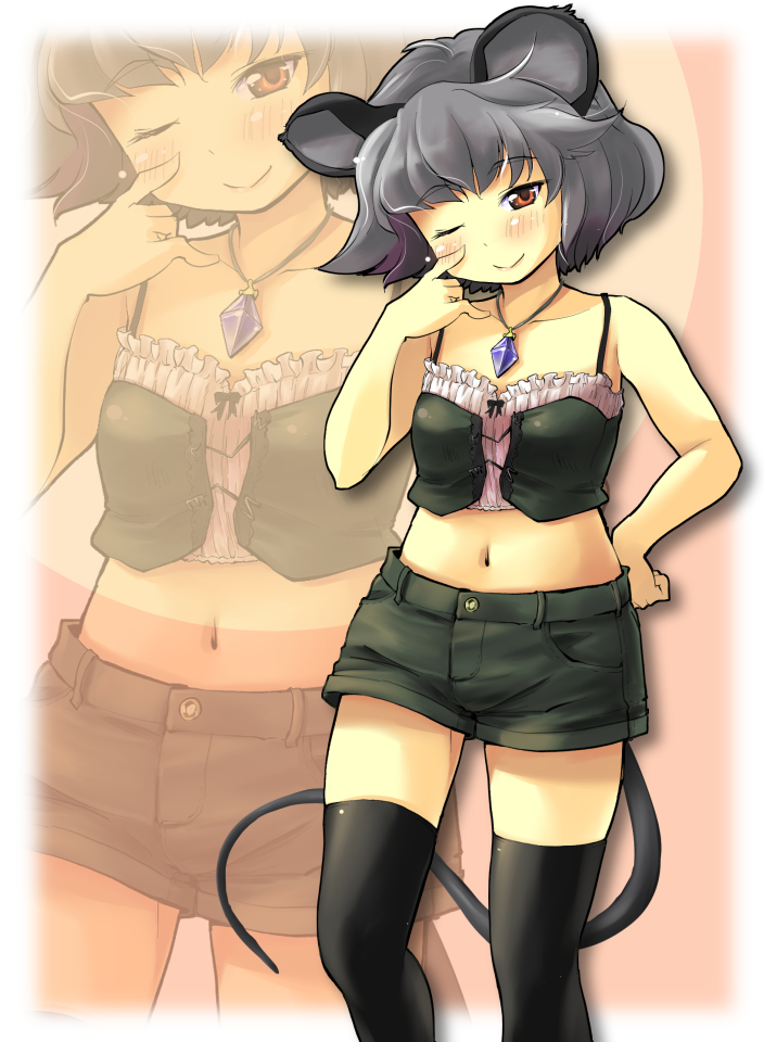 1girl alternate_costume animal_ears bare_arms black_legwear blush brown_eyes collarbone crop_top gem grey_hair jewelry looking_at_viewer midriff mouse_ears mouse_tail navel nazrin necklace nise_nanatsura one_eye_closed pendant shorts sleeveless sleeveless_shirt smile solo tail thigh-highs touhou wink zoom_layer
