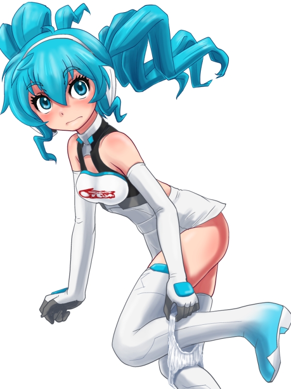 1girl aqua_eyes aqua_hair boots goodsmile_racing hatsune_miku o-minato panties panty_pull racequeen solo thigh-highs thigh_boots twintails underwear vocaloid white_background