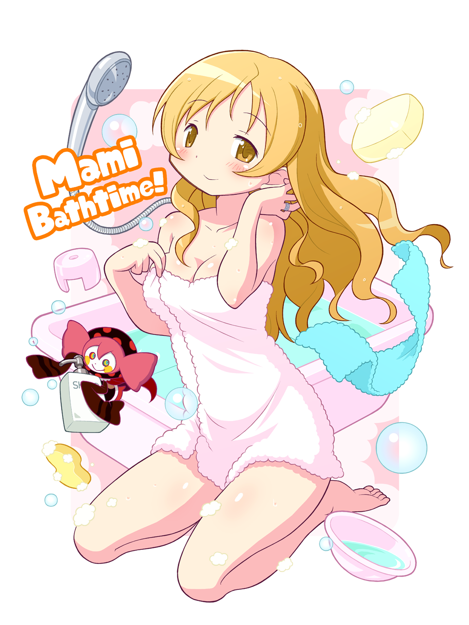 1girl bathtub blonde_hair blush breasts bubble charlotte_(madoka_magica) cleavage english gecchu hair_down highres jewelry kneeling long_hair mahou_shoujo_madoka_magica mahou_shoujo_madoka_magica_movie multicolored_eyes naked_towel ring shower_head smile soap soap_bubbles solo tomoe_mami towel water yellow_eyes