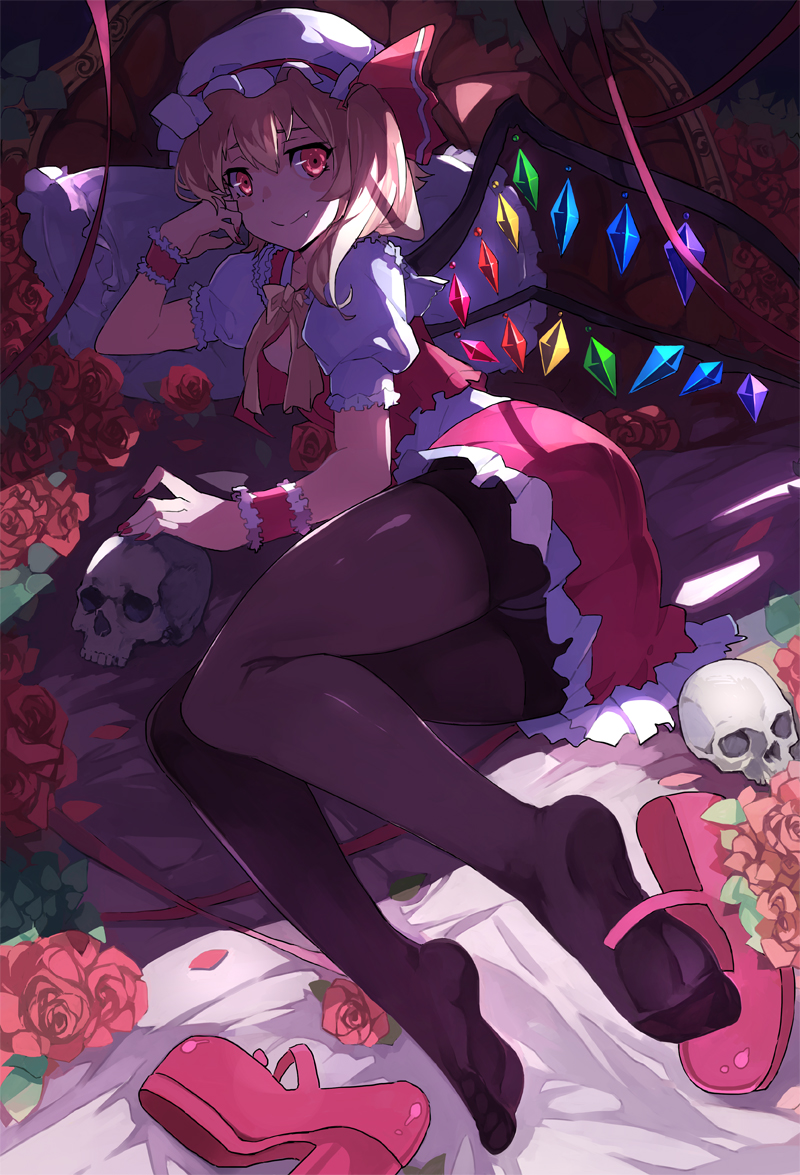 1girl bed_sheet black_legwear blonde_hair blush fang_out feet flandre_scarlet flower gang hat legs looking_at_viewer lying mary_janes nail_polish on_side panties panties_under_pantyhose pantyhose pillow red_eyes red_rose rose shoes short_hair side_ponytail skull smile solo thighs touhou underwear wings wrist_cuffs zhuxiao517