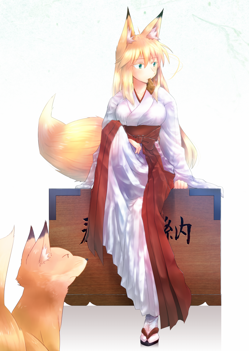 1girl aburaage ahoge animal animal_ears blonde_hair box expressionless food fox fox_ears fox_tail green_eyes hakama haori japanese_clothes long_hair miko mouth_hold original sakuragi_rian sitting sitting_on_object tail