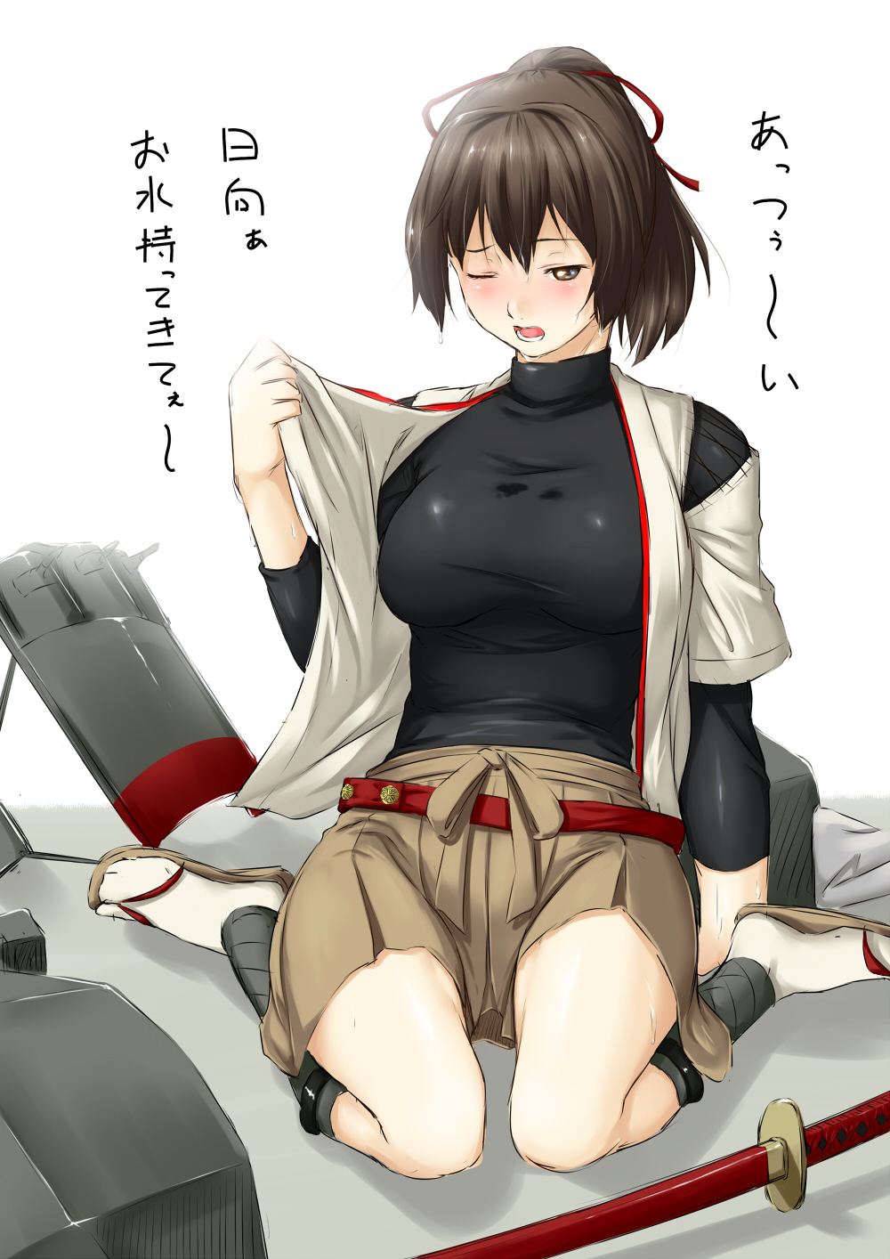 brown_eyes brown_hair highres hot ise_(kantai_collection) japanese_clothes kantai_collection niwatazumi personification ponytail short_hair sweat sword tagme translated weapon