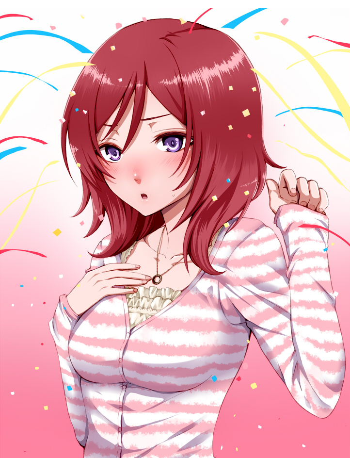 1girl blush casual jewelry long_sleeves love_live!_school_idol_project necklace nishikino_maki open_mouth redhead short_hair simon_(n.s_craft) solo streamers striped violet_eyes