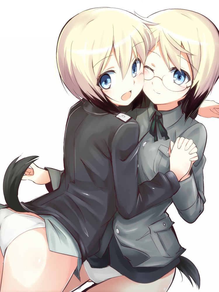2girls ass blonde_hair blue_eyes blush erica_hartmann glasses holding_hands interlocked_fingers looking_at_viewer looking_back military military_uniform mobu multiple_girls one_eye_closed open_mouth panties short_hair siblings simple_background sisters smile strike_witches tail underwear uniform ursula_hartmann white_background white_panties wink