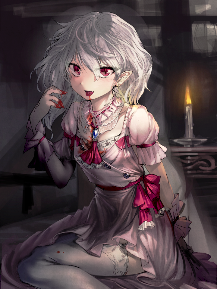 1girl ascot blood blood_in_mouth bloody_hands brooch candle fang geppewi jewelry looking_at_viewer no_hat open_mouth pointy_ears red_eyes remilia_scarlet sitting slit_pupils solo thigh-highs touhou white_hair white_legwear wrist_cuffs