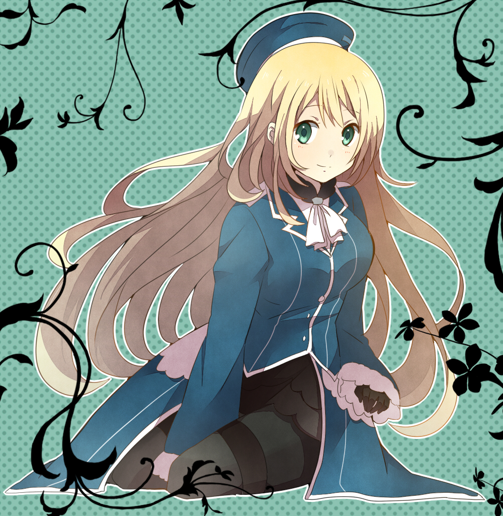 1girl atago_(kantai_collection) blonde_hair blush breasts gloves green_eyes hat kantai_collection large_breasts long_hair looking_at_viewer military military_uniform pantyhose personification smile solo uniform yukichi_(eikichi)