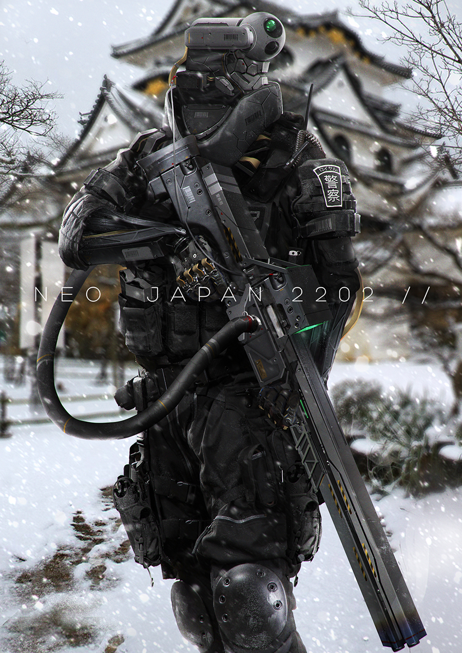 1boy android armor cable camera_eyes copyright_name cyberpunk highres johnson_ting mecha military_operator neo_japan_2022 power_connection railgun robot solo trigger_discipline weapon
