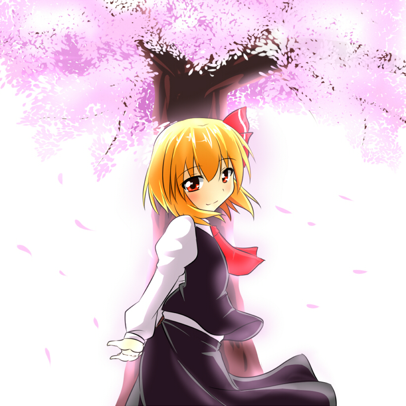 1girl ascot blonde_hair blouse cherry_blossoms cherry_trees hair_ribbon red_eyes ribbon rody_(hayama_yuu) rumia short_hair skirt smile touhou vest