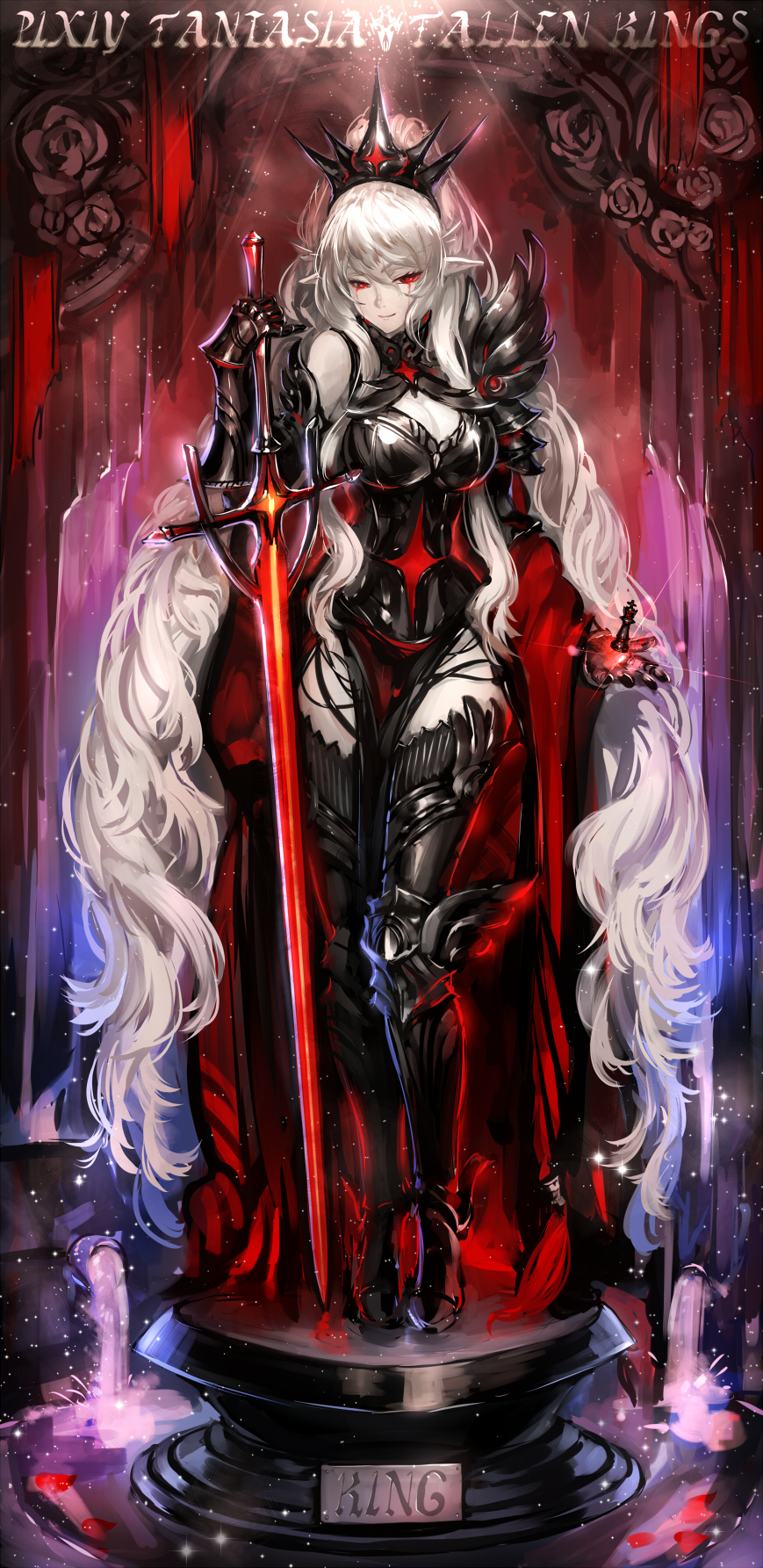 1girl armor armored_boots boots cape crown flower full_body gauntlets highres king_(chess) light_particles long_hair long_sword pale_skin pixiv_fantasia pixiv_fantasia_fallen_kings red_eyes rose ryuuzaki_ichi silver_hair smile solo standing tagme thigh-highs thigh_boots very_long_hair