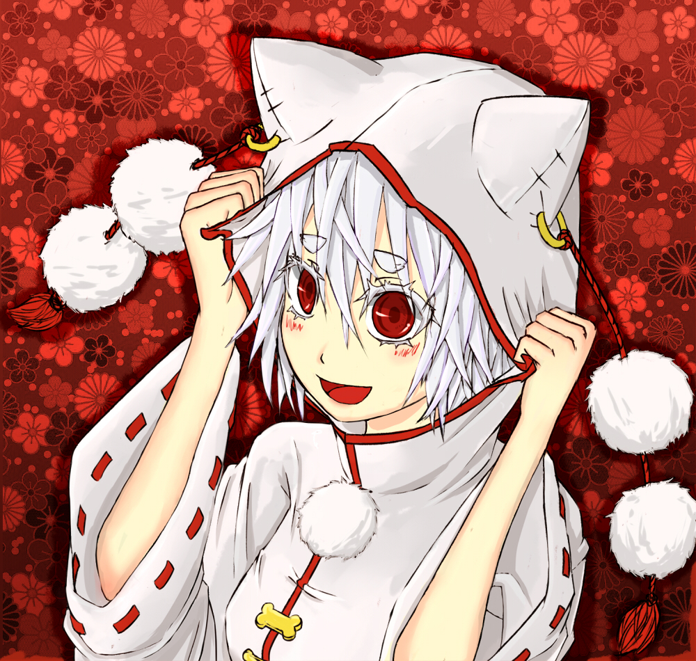 1girl animal_ears blush breasts happy inubashiri_momiji no_hat open_mouth red_eyes short_hair silver_hair sleeves solo tagme touhou wolf_ears