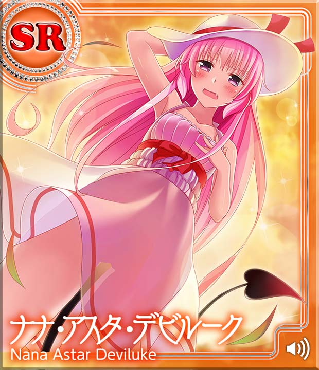 1girl alternate_hairstyle armpits artist_request blush character_name demon_tail dress fang hair_down hand_on_headwear hand_on_own_chest hat long_hair nana_asta_deviluke official_art open_mouth pink_eyes pink_hair sleeveless solo sun_hat sundress tail to_love-ru to_love-ru_darkness:_idol_revolution wind_lift