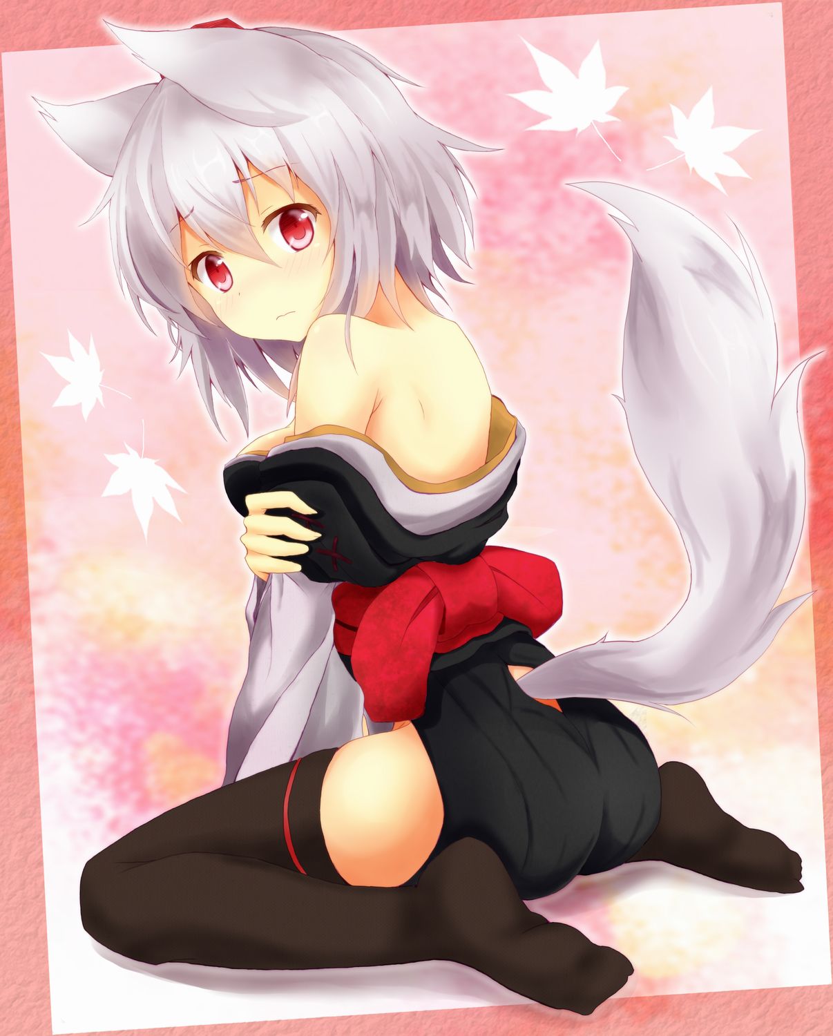 1girl animal_ears bare_shoulders black_legwear blush breasts embarrassed hat highres inubashiri_momiji kittona looking_at_viewer looking_over_shoulder off_shoulder red_eyes short_hair silver_hair sitting solo tail tokin_hat touhou wolf_ears wolf_tail