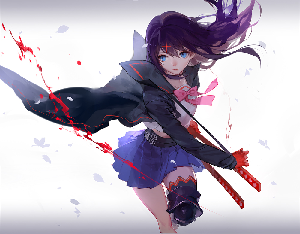 1girl aqua_eyes asukaziye belt blood blue_skirt coat collarbone crop_top drawing_sword expressionless gloves hair_ornament leaf leg_up long_hair long_sleeves looking_away midriff open_clothes open_coat pink_bow pixiv_fantasia pixiv_fantasia_fallen_kings purple_hair red_gloves scabbard sheath sheathed single_thighhigh skirt solo thigh-highs weapon white_background