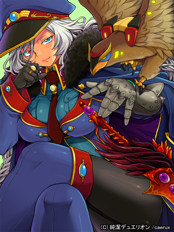 1girl between_breasts bird black_gloves blue_eyes boots breasts commentary_request crossed_legs eroe gauntlets gloves hat hawk heterochromia jewelry junketsu_duelion large_breasts lips mole necktie_between_breasts original red_eyes ring silver_hair thigh-highs thigh_boots