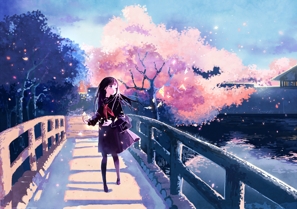 1girl bridge cherry_blossoms cherry_trees kotetsu_(popeethe) original outdoors paper petals river tearing_up tears wind