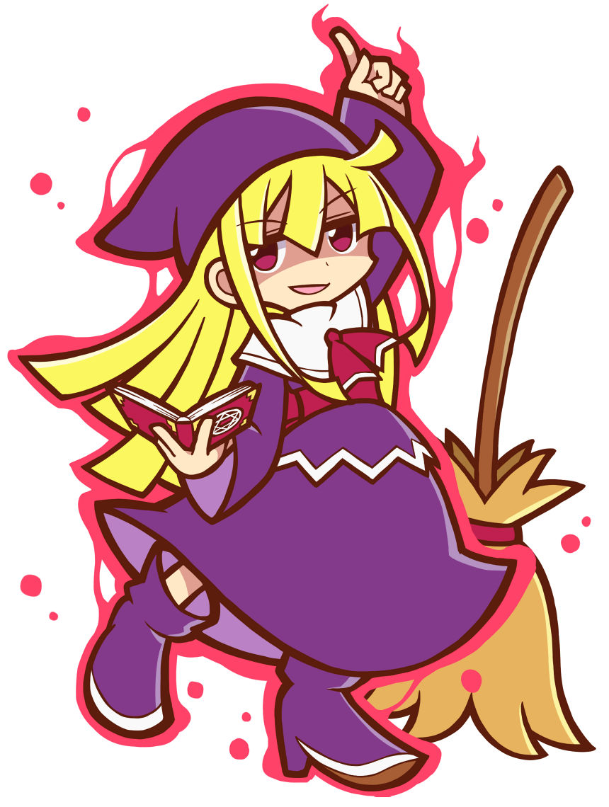 1girl arm_up blonde_hair book broom cerasus dress hat index_finger_raised long_hair madou_monogatari official_style purple_dress puyopuyo shaded_face shoes smile solo standing violet_eyes white_background witch_(puyopuyo)