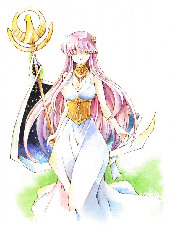 1girl athena_(saint_seiya) hakugekka kido_saori long_hair purple_hair saint_seiya solo staff traditional_media