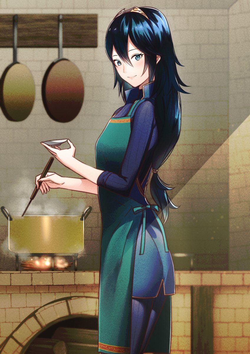 1girl ameno_(a_meno0) apron bangs blue_apron blue_eyes blue_hair blue_sweater closed_mouth cooking fire fire_emblem fire_emblem_awakening hair_between_eyes highres holding holding_ladle indoors kitchen ladle lips long_hair looking_at_viewer low-tied_long_hair lucina_(fire_emblem) pink_lips pot ribbed_sweater shiny shiny_hair sleeves_rolled_up smile solo steam sunlight sweater symbol-shaped_pupils tiara turtleneck turtleneck_sweater