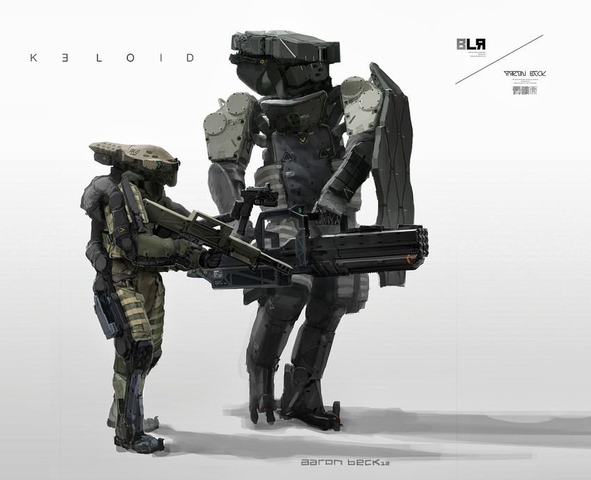 aaron_beck android armor artist_name camera_eyes concept_art copyright_name exoskeleton glock gun handgun huge_weapon keloid mecha mechanical_arm muzzle_brake operator power_armor railgun shield weapon