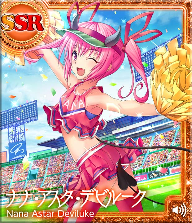 1girl ;d armpits artist_request censored character_name cheerleader confetti convenient_censoring demon_tail fang long_hair midriff nana_asta_deviluke official_art one_eye_closed open_mouth pink_eyes pink_hair pom_poms sleeveless smile solo stadium tail thigh-highs to_love-ru to_love-ru_darkness:_idol_revolution twintails wind_lift wink