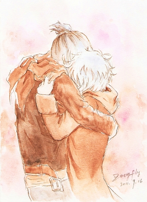 2011 2boys dated height_difference hug multiple_boys nezumi_(no.6) no.6 ponytail shion_(no.6) signature traditional_media watercolor_(medium) zoeyfly
