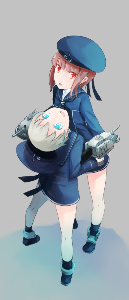 2girls blue_eyes brown_hair cannon comah gun hat kantai_collection long_sleeves looking_up multiple_girls open_mouth personification red_eyes sailor_collar sailor_dress sailor_hat short_hair silver_hair turret weapon z1_leberecht_maass_(kantai_collection) z3_max_schultz_(kantai_collection)