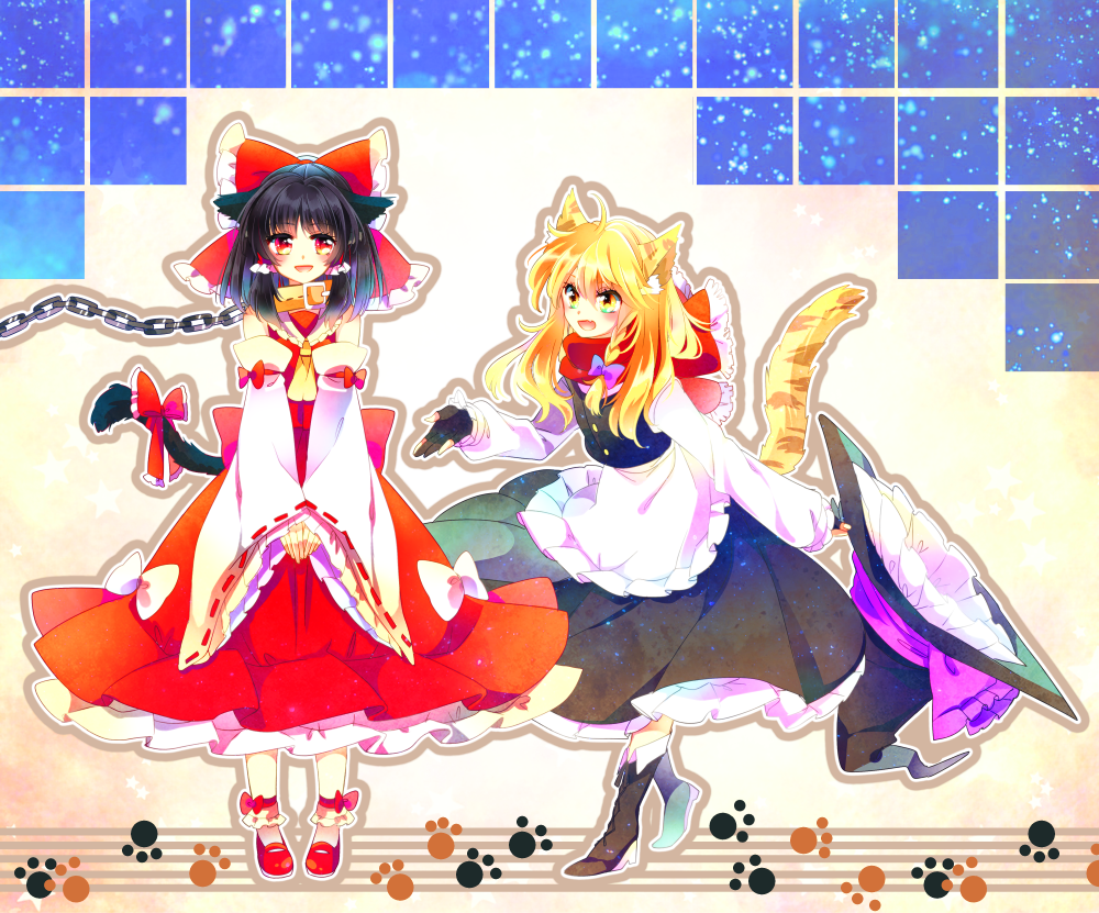 2girls animal_ears apron ascot black_boots black_gloves black_hair black_skirt blonde_hair blush boots bow braid cat_ears cat_tail chain collar cross-laced_footwear detached_sleeves dog_collar dress eye_contact gloves hair_bow hair_tubes hakurei_reimu hands_together hat hat_bow hat_removed headwear_removed holding holding_hat kirisame_marisa long_hair long_sleeves looking_at_another multiple_girls muzuki_uruu open_mouth paw_print payot purple_bow red_bow red_eyes red_scarf ribbon scarf short_hair side_braid skirt standing tail tail_ribbon touhou vest waist_apron white_bow witch_hat yellow_eyes