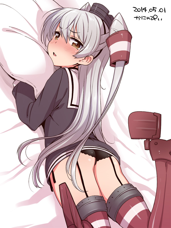 1girl amatsukaze_(kantai_collection) artist_name ass black_panties blush brown_eyes dated garter_straps kantai_collection kanya_pyi long_hair looking_at_viewer lying on_stomach panties personification red_legwear school_uniform serafuku signature silver_hair solo striped striped_legwear thighhighs twintails two_side_up underwear