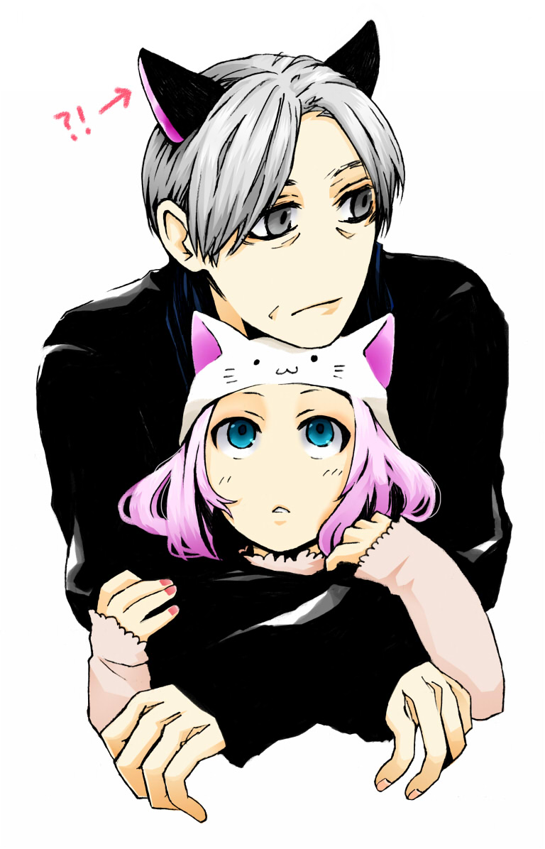 !? 1boy 1girl age_difference animal_ears animal_hat aqua_eyes cat_ears cat_hat character_request crossover grey_hair hat height_difference hug hug_from_behind long_hair looking_away looking_up megurine_luka megurine_luka_(toeto) metro_(mp_ground) pink_hair toeto_(vocaloid) very_long_hair vocaloid
