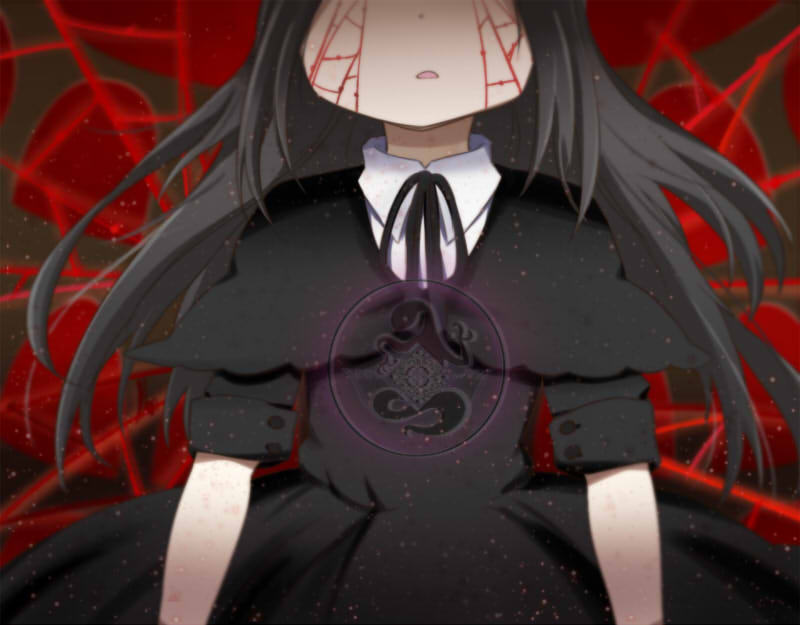 1girl akemi_homura black_hair d: dress funeral_dress homulilly kasagi long_hair mahou_shoujo_madoka_magica mahou_shoujo_madoka_magica_movie open_mouth solo spoilers tagme