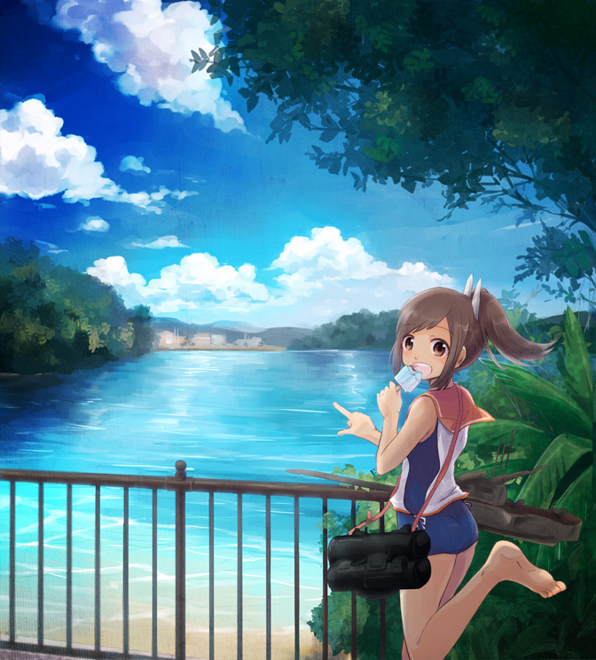 1girl brown_eyes brown_hair eating i-401_(kantai_collection) kantai_collection niimura_(csnel) one-piece_swimsuit open_mouth personification pointing ponytail popsicle railing school_swimsuit school_uniform short_hair short_ponytail solo swimsuit tan water