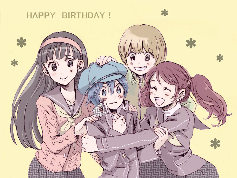 4girls amagi_yukiko androgynous blue_hair blush cabbie_hat closed_eyes earrings grin hands_on_another's_shoulder happy_birthday hat hug jewelry kujikawa_rise long_hair multiple_girls open_mouth patting_head persona persona_4 redhead reverse_trap satonaka_chie school_uniform shirogane_naoto short_hair smile track_jacket twintails usagi812