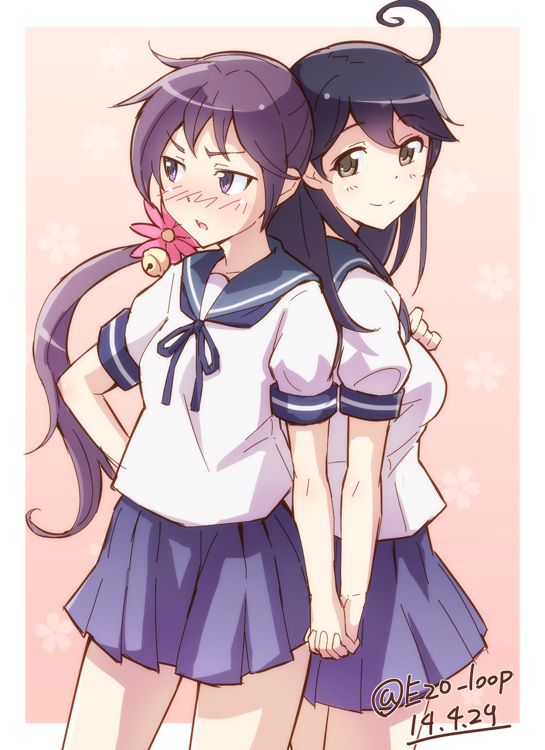 2girls akebono_(kantai_collection) back-to-back bell black_hair blush breasts dated e20 flower hair_flower hair_ornament holding_hands interlocked_fingers kantai_collection long_hair multiple_girls open_mouth personification purple_hair school_uniform serafuku side_ponytail skirt solo twitter_username ushio_(kantai_collection) violet_eyes