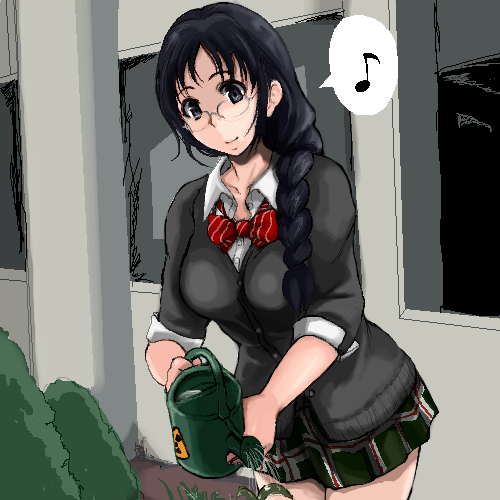 1girl black_eyes black_hair bowtie braid building bush cardigan coppelion glasses green_skirt hair_over_shoulder long_hair lowres musical_note nomura_taeko plaid plaid_skirt plant pleated_skirt radiation_symbol school_uniform skirt sleeves_rolled_up solo speech_bubble striped striped_bowtie supopo_(pi4v2000) watering_can window