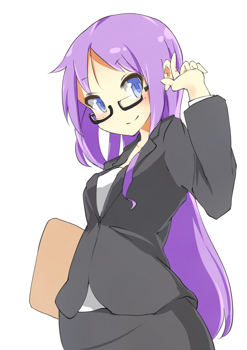 1girl alternate_hairstyle bespectacled blue_eyes formal glasses hair_down hiiragi_kagami long_hair lucky_star older pencil_skirt purple_hair skirt skirt_suit suit suno-pi