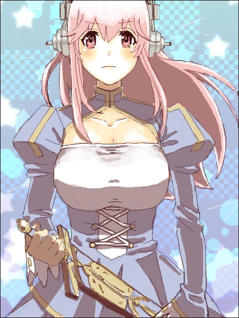 1girl armor armored_dress blush breasts cleavage cosplay excalibur fate_(series) gauntlets headphones large_breasts long_hair looking_at_viewer nitroplus pink_eyes pink_hair saber saber_(cosplay) solo super_sonico sword warai weapon