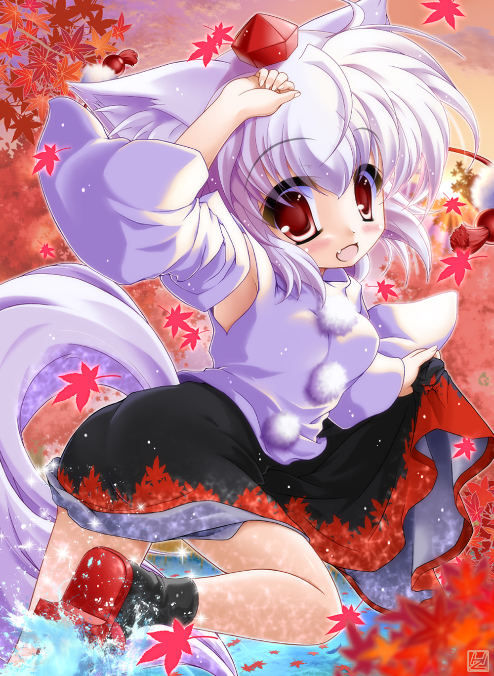 1girl animal_ears autumn_leaves bare_shoulders blush breasts detached_sleeves fang hand_on_head happy hat highres holding_skirt inubashiri_momiji iwaki_hazuki leaf looking_at_viewer open_mouth pom_pom_(clothes) red_eyes shirt short_hair silver_hair skirt solo tail tokin_hat touhou water white_shirt wolf_ears wolf_tail