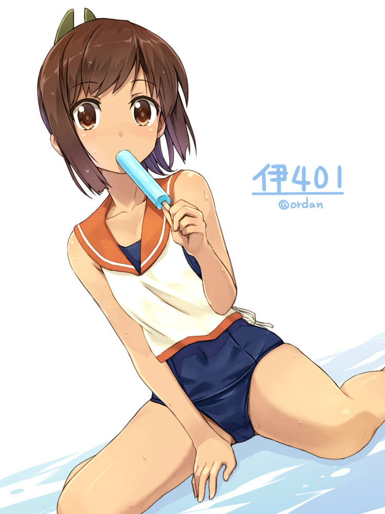 1girl artist_name blush brown_eyes brown_hair character_name dutch_angle i-401_(kantai_collection) kantai_collection looking_at_viewer mouth_hold one-piece_swimsuit orda ponytail popsicle sailor_collar school_swimsuit short_hair short_ponytail sitting solo sweat swimsuit tan wariza