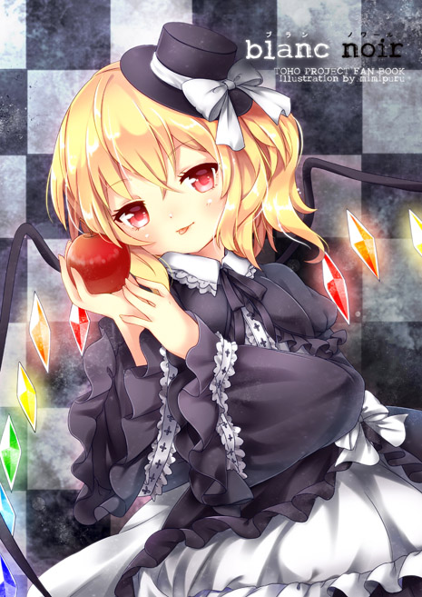 1girl :p alternate_costume apple black_dress black_ribbon blonde_hair blush checkered checkered_background dress flandre_scarlet food fruit glowing glowing_wings gothic_lolita hat hat_ribbon holding holding_fruit layered_dress lolita_fashion long_sleeves looking_at_viewer mi_hitsuji neck_ribbon puffy_long_sleeves puffy_sleeves red_apple red_eyes ribbon short_hair side_ponytail smile solo tagme tongue tongue_out touhou white_bow wide_sleeves wings