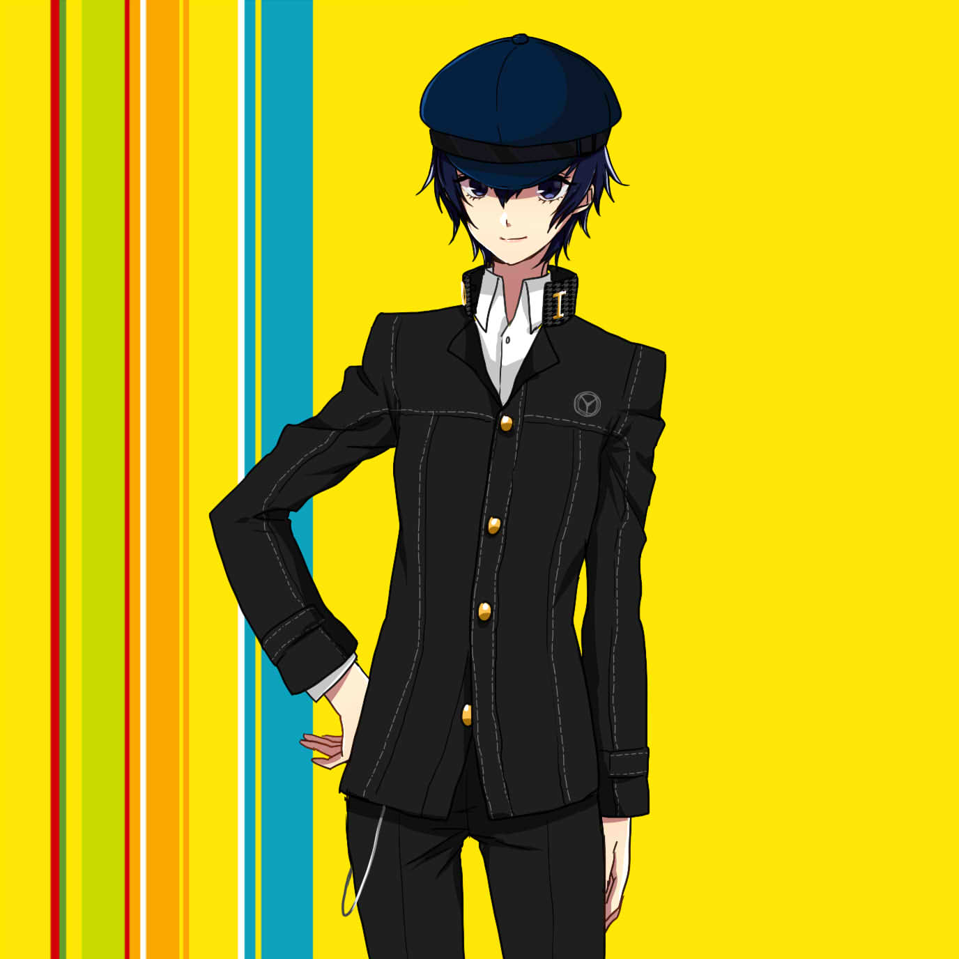 1girl androgynous blue_eyes blue_hair cabbie_hat hand_on_hip hat highres iketsuko persona persona_4 persona_4_the_golden reverse_trap shirogane_naoto short_hair solo